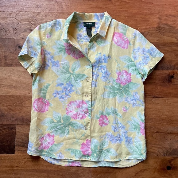 Lauren Ralph Lauren Butter Yellow Tropical Floral Linen Short Sleeve Shirt - Picture 4 of 11